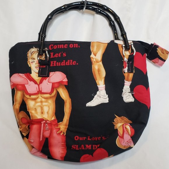 Handmade Fabric Purse Alexander Henry Valentines Sports Pin Up Boy Fabric 11x8x3 - Picture 1 of 4